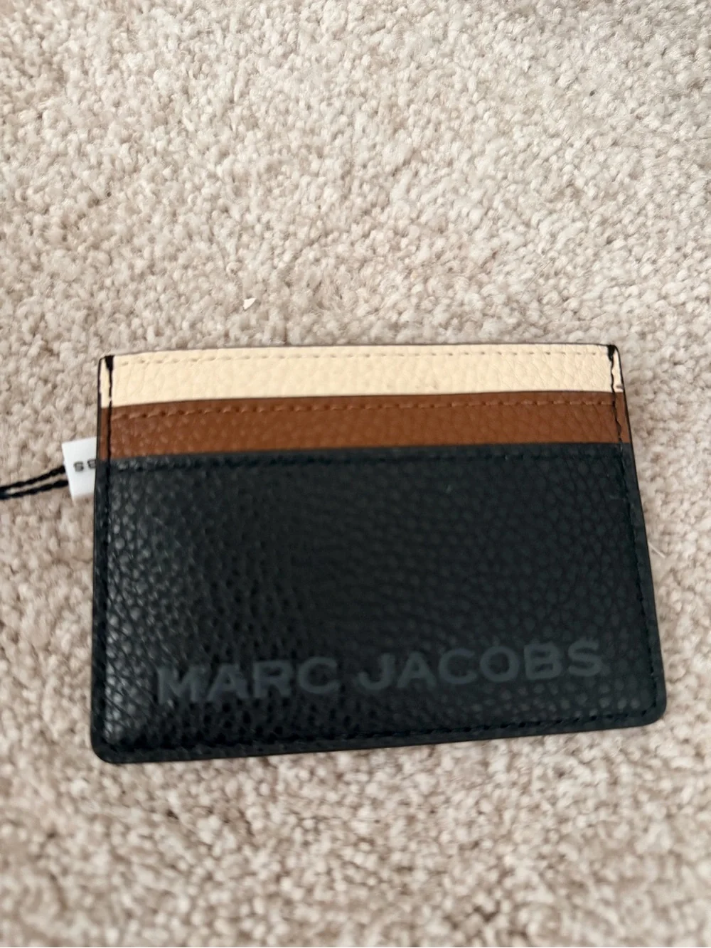 Marc Jacobs Black Leather Card Holder with Brown and Cream Stripes NWT